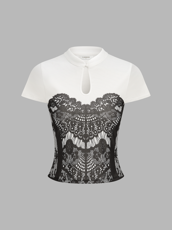 Lace Print Keyhole Neck Short Sleeve Top Women's Casual Blouse