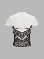 Lace Print Keyhole Neck Short Sleeve Top Women's Casual Blouse