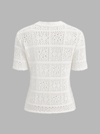 Frog Button Crochet Knit Short Sleeve Top for Women Casual Summer Wear