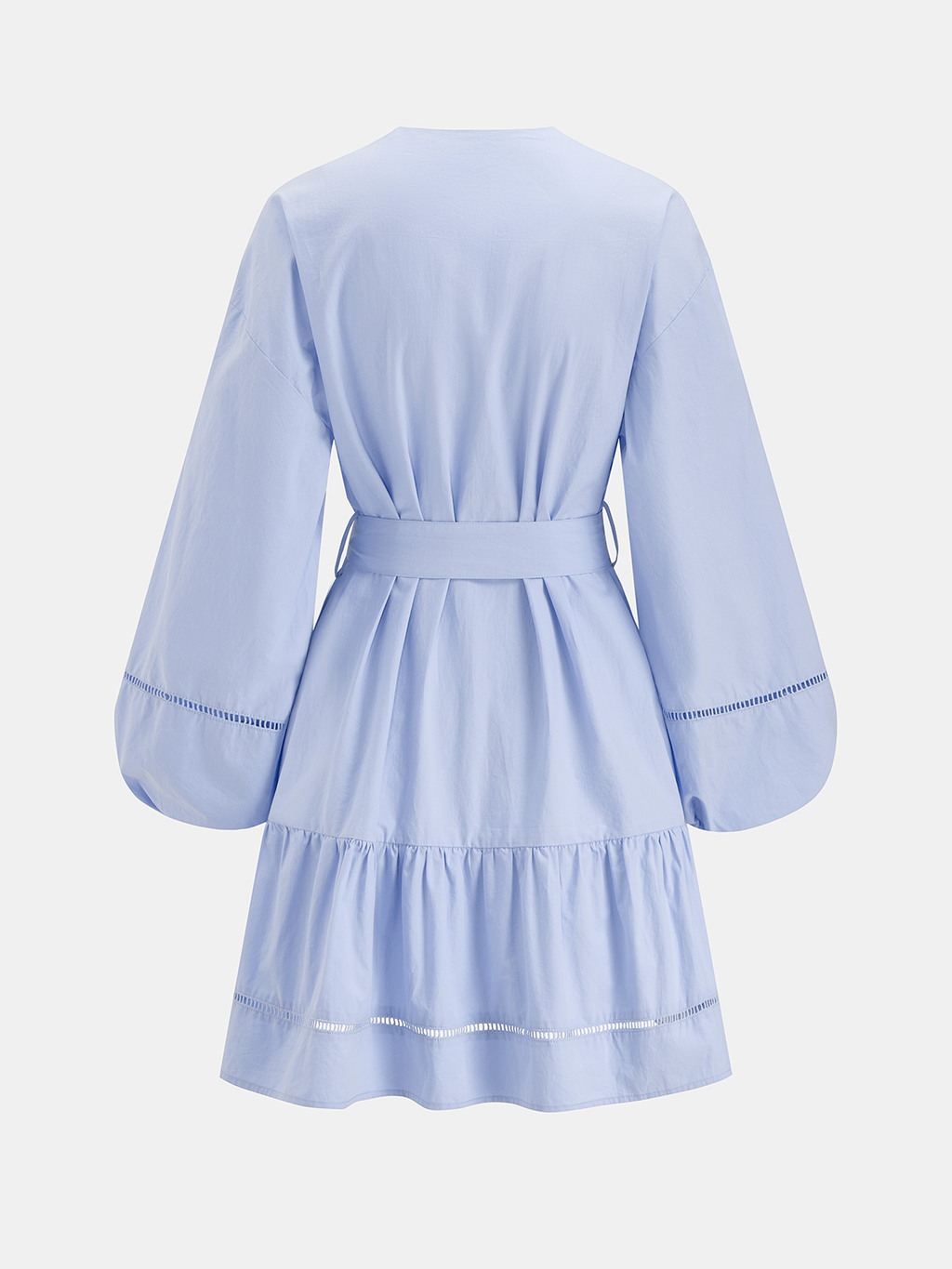 Cotton V-Neck Lantern Sleeve Belted Mini Dress for Women Casual Party