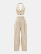Linen Blend Halter Crop Top & Pants Set with Tie Detail
