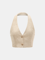 Linen Blend Halter Crop Top & Pants Set with Tie Detail