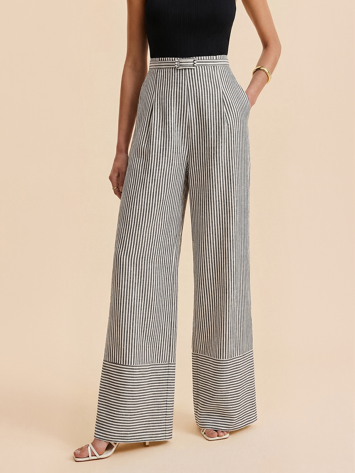 Belted Striped Wide-Leg Pants for Women Comfort Fit