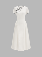 Bow Detail Cotton Cheongsam Midi Dress with Elegant Embroidery Detail