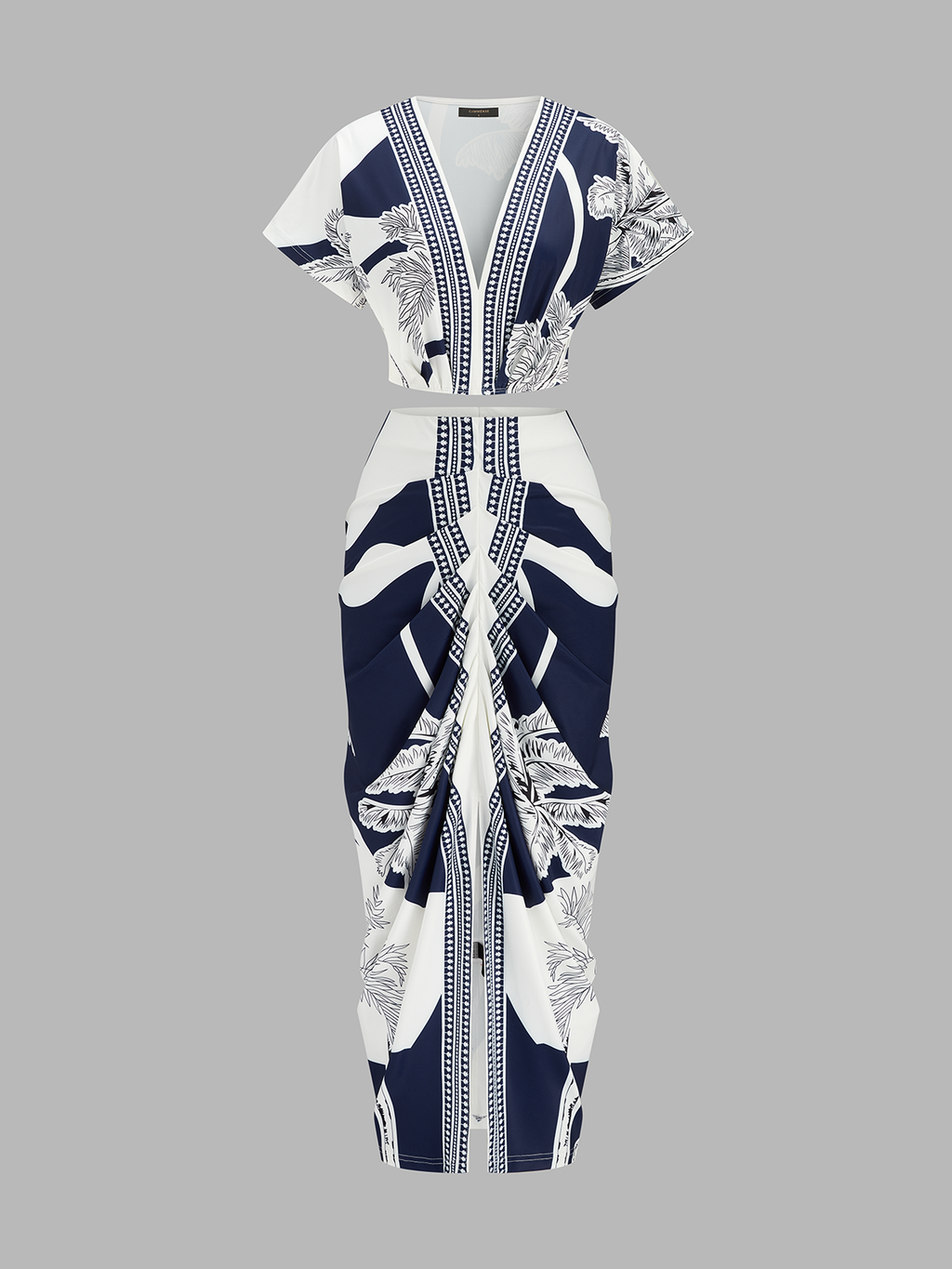Printed V-Neck Top & Ruched Midi Skirt Set for Women's Fashion