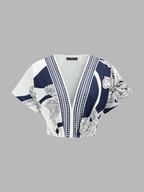 Printed V-Neck Top & Ruched Midi Skirt Set for Women's Fashion