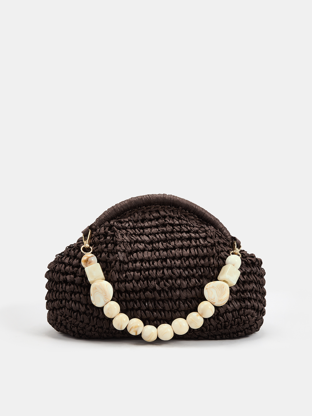 Enhanced Design Marble Bead Chain Straw Woven Handbag for Summer Beach
