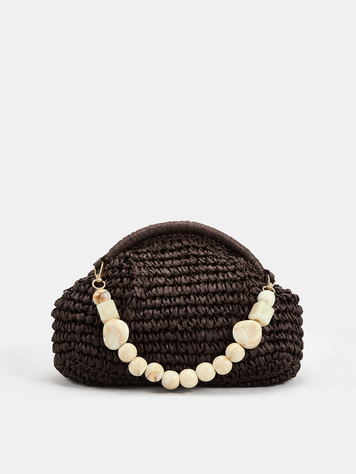 Enhanced Design Marble Bead Chain Straw Woven Handbag for Summer Beach