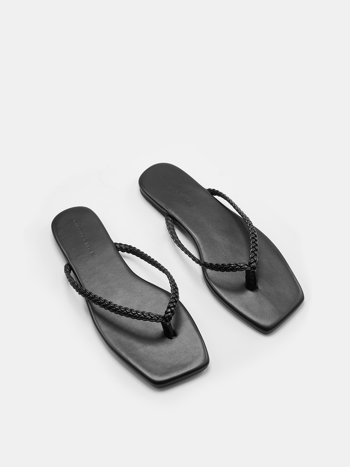 Cow Leather Square Toe Braided Thong Flip-Flops with Durable Outsole