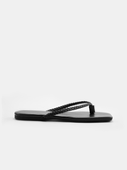 Cow Leather Square Toe Braided Thong Flip-Flops with Durable Outsole