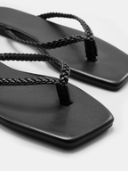 Cow Leather Square Toe Braided Thong Flip-Flops with Durable Outsole