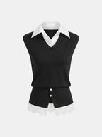 2 in 1 Collared Lace Hem Knit Vest Stylish Layered Look Pullover