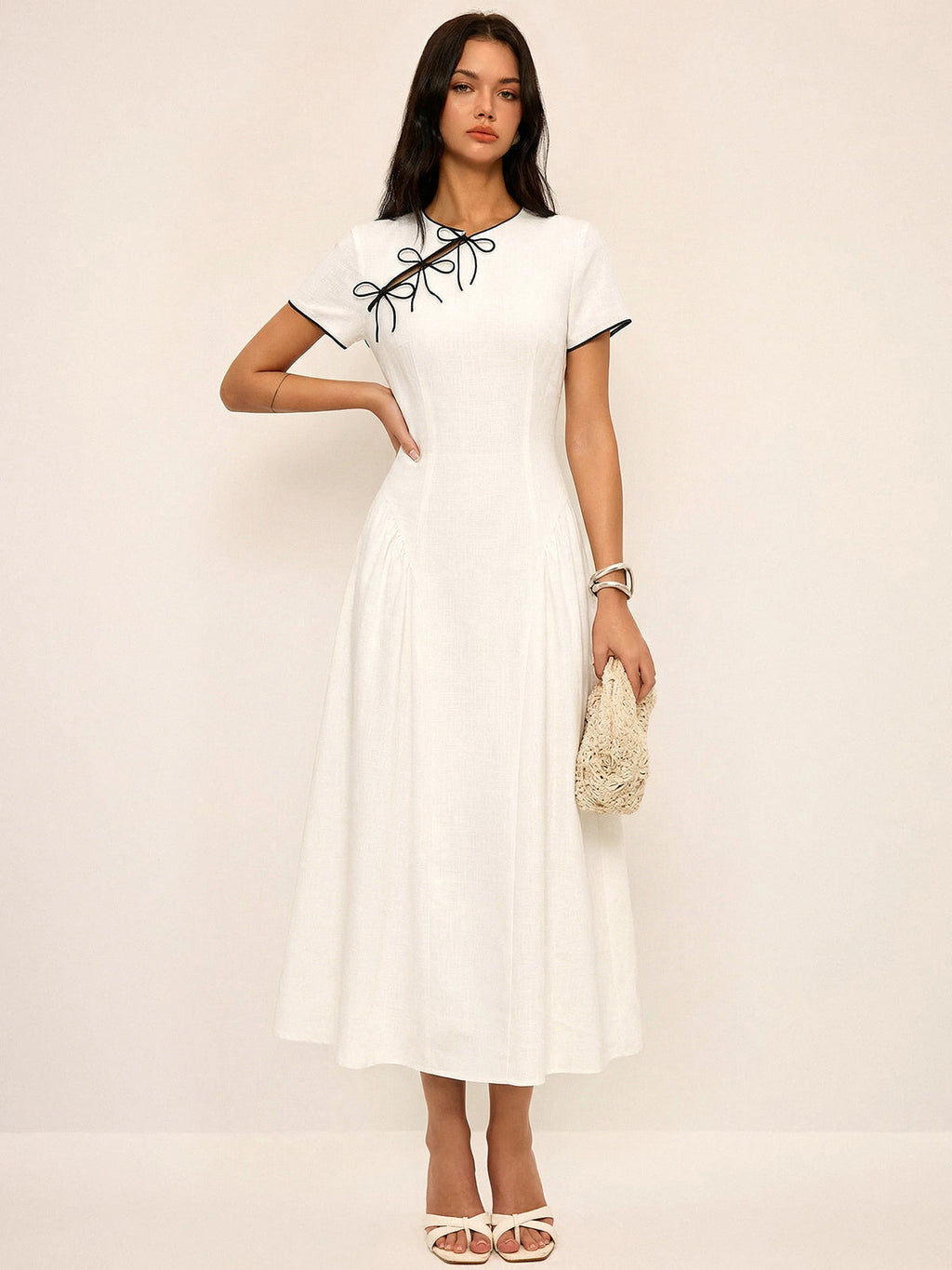 Bow Detail Cotton Cheongsam Midi Dress with Elegant Embroidery Detail