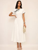 Bow Detail Cotton Cheongsam Midi Dress with Elegant Embroidery Detail