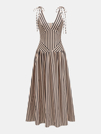 Striped Tie Shoulder V Neck Maxi Dress with Belted Waist