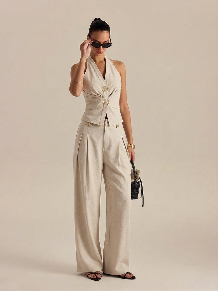 Linen Blend Halter Ruched Top & Pants Set for Women Summer Casual