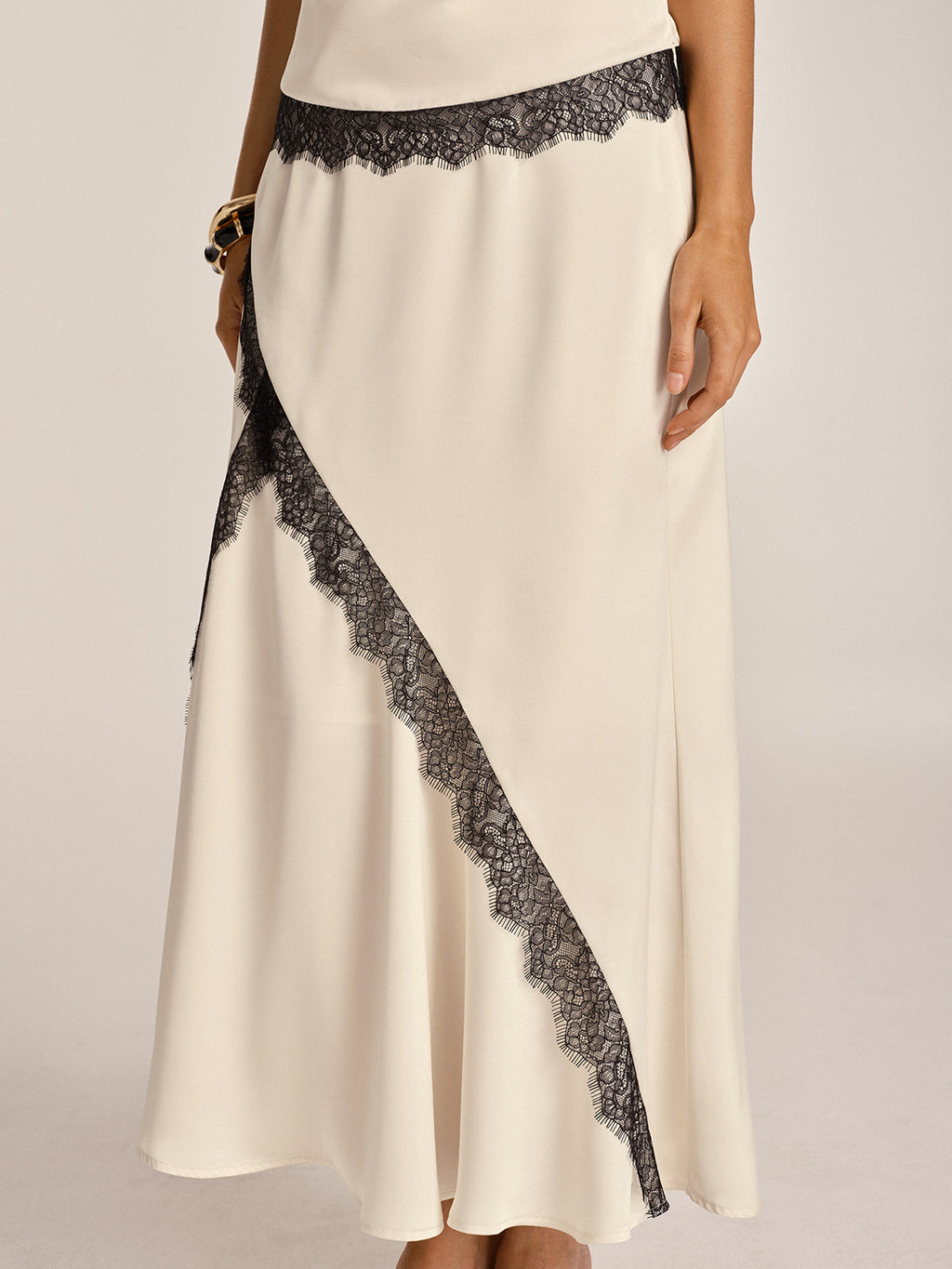 Lace Trim Satin Cowl Neck Top & Mermaid Skirt Set for Elegant Evenings