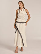 Lace Trim Satin Cowl Neck Top & Mermaid Skirt Set for Elegant Evenings