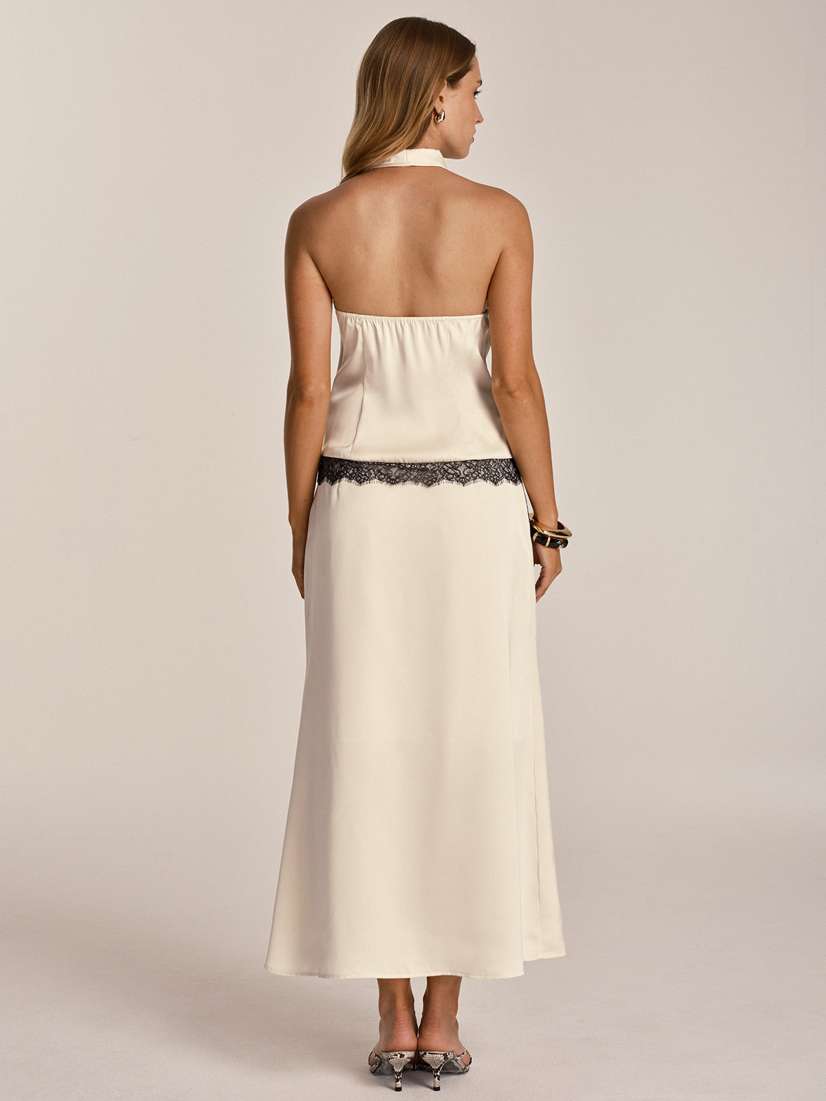 Lace Trim Satin Cowl Neck Top & Mermaid Skirt Set for Elegant Evenings