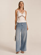 Lace Trim Satin Cami Top with Adjustable Straps