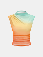 Rainbow Gradient Mesh Ruched Tank Top for Women, Slim Fit Style