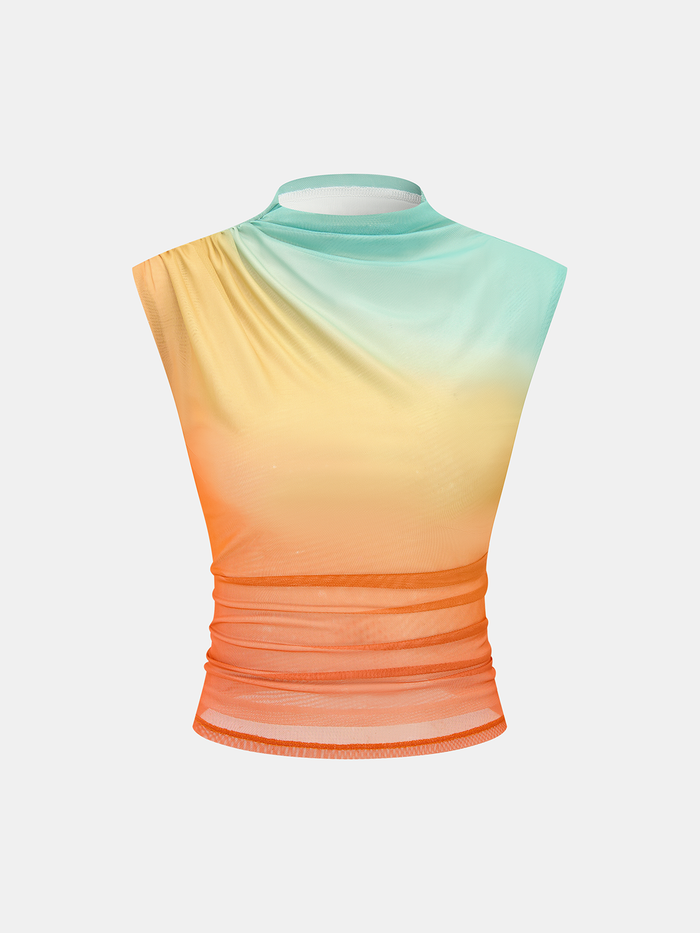 Rainbow Gradient Mesh Ruched Tank Top for Women, Slim Fit Style