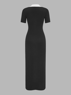 Contrast Collar Short Sleeve Knit Maxi Dress for Women Comfort Fit