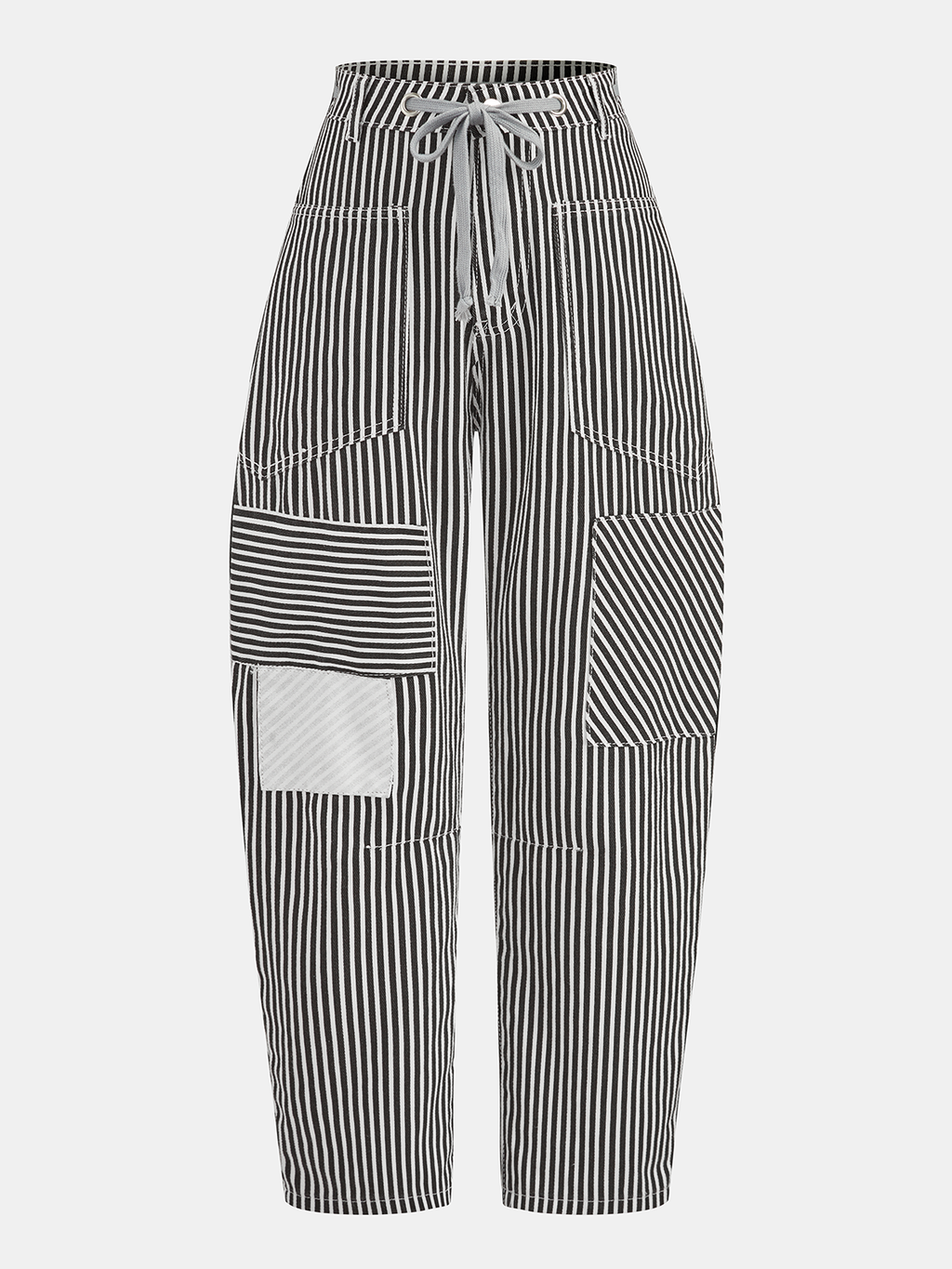 Striped Patchwork Drawstring Barrel Pants Comfortable Relaxed Fit Unisex