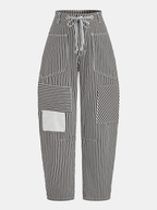 Striped Patchwork Drawstring Barrel Pants Comfortable Relaxed Fit Unisex