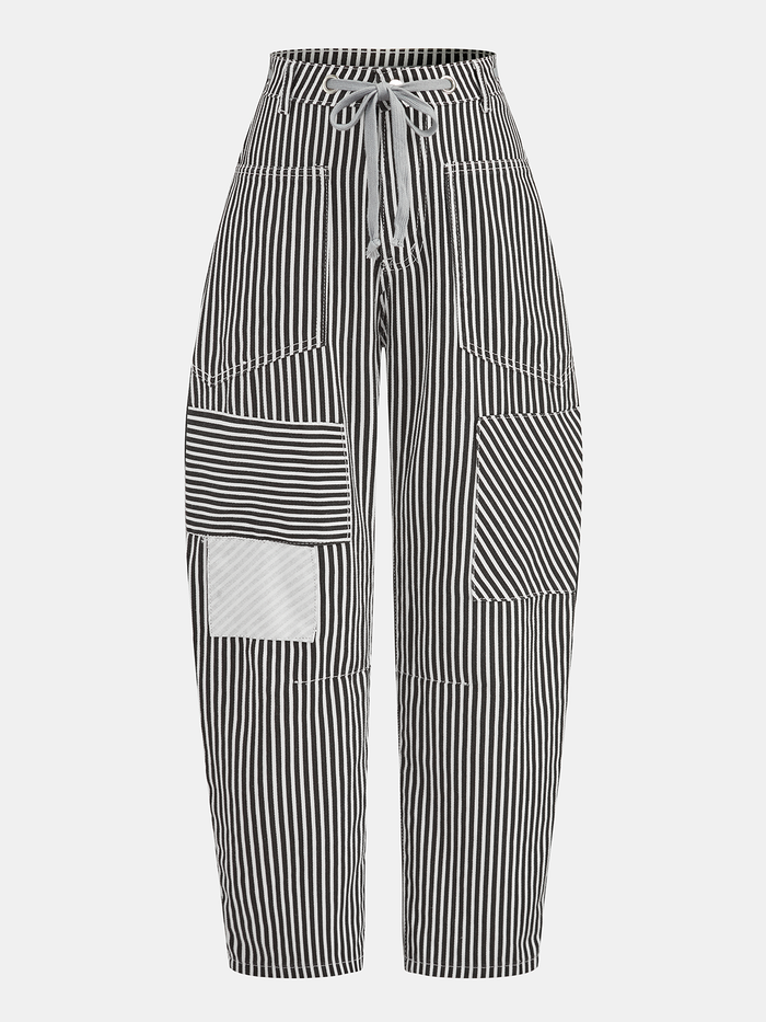 Striped Patchwork Drawstring Barrel Pants Comfortable Relaxed Fit Unisex