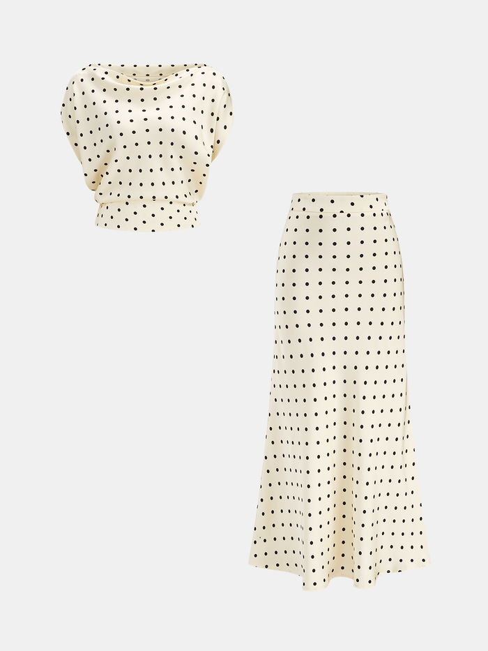 Polka Dot Cowl Neck Top & Maxi Skirt Set for Women, Elegant Full-Length Outfit