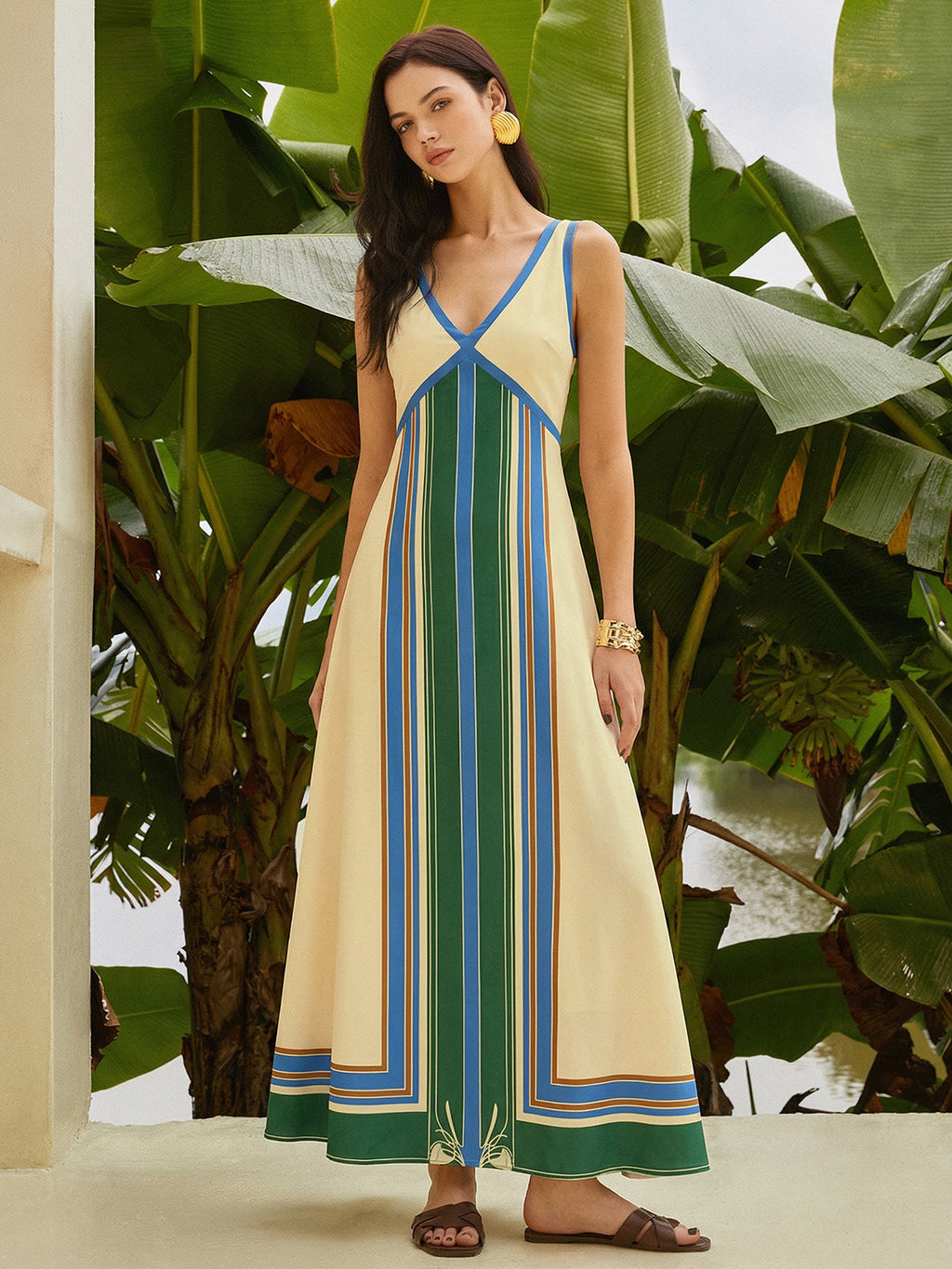 Geometric Print V-neck Sleeveless Maxi Dress - Women's Casual Summer Flowy