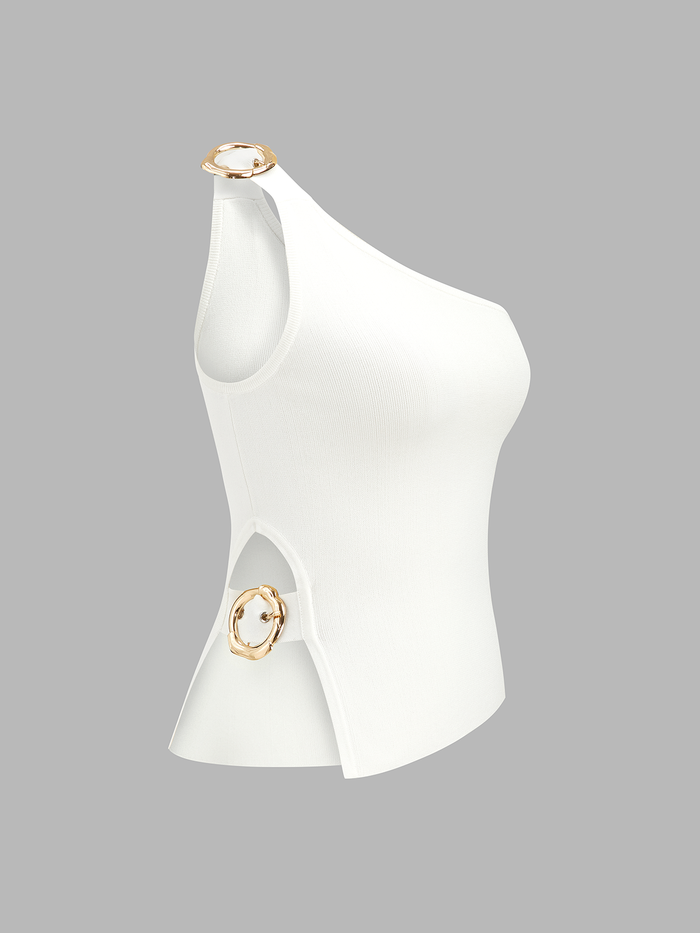 One Shoulder Cut-Out Buckle Tank Top with Side Detailing
