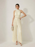 Pleated Halter Crop Top & High Waist Pants Set for Women