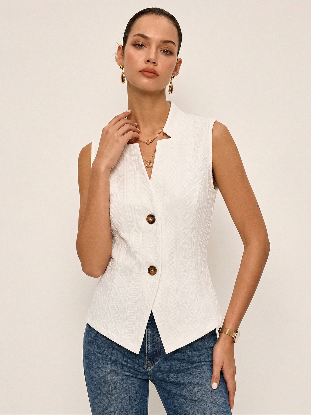 Textured Stand Collar Button Front Vest with Side Pockets for Men