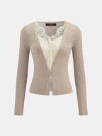 V-Neck Lace Panel Ribbed Knit Top for Women Casual Wear
