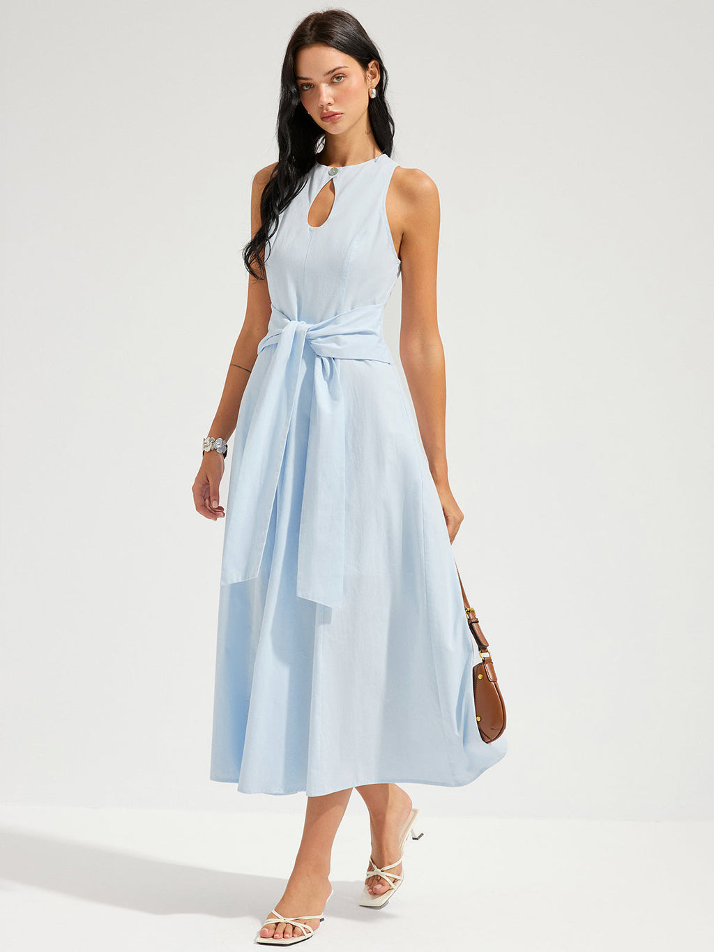 Cotton Sleeveless Keyhole Tie-Waist Maxi Dress for Women Summer Casual