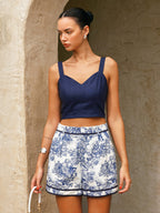 Cotton Linen Cami Top & Toile Print Shorts Set for Summer Comfort