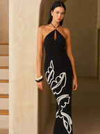 Leaf Embroidered Halter Maxi Dress with Backless Design