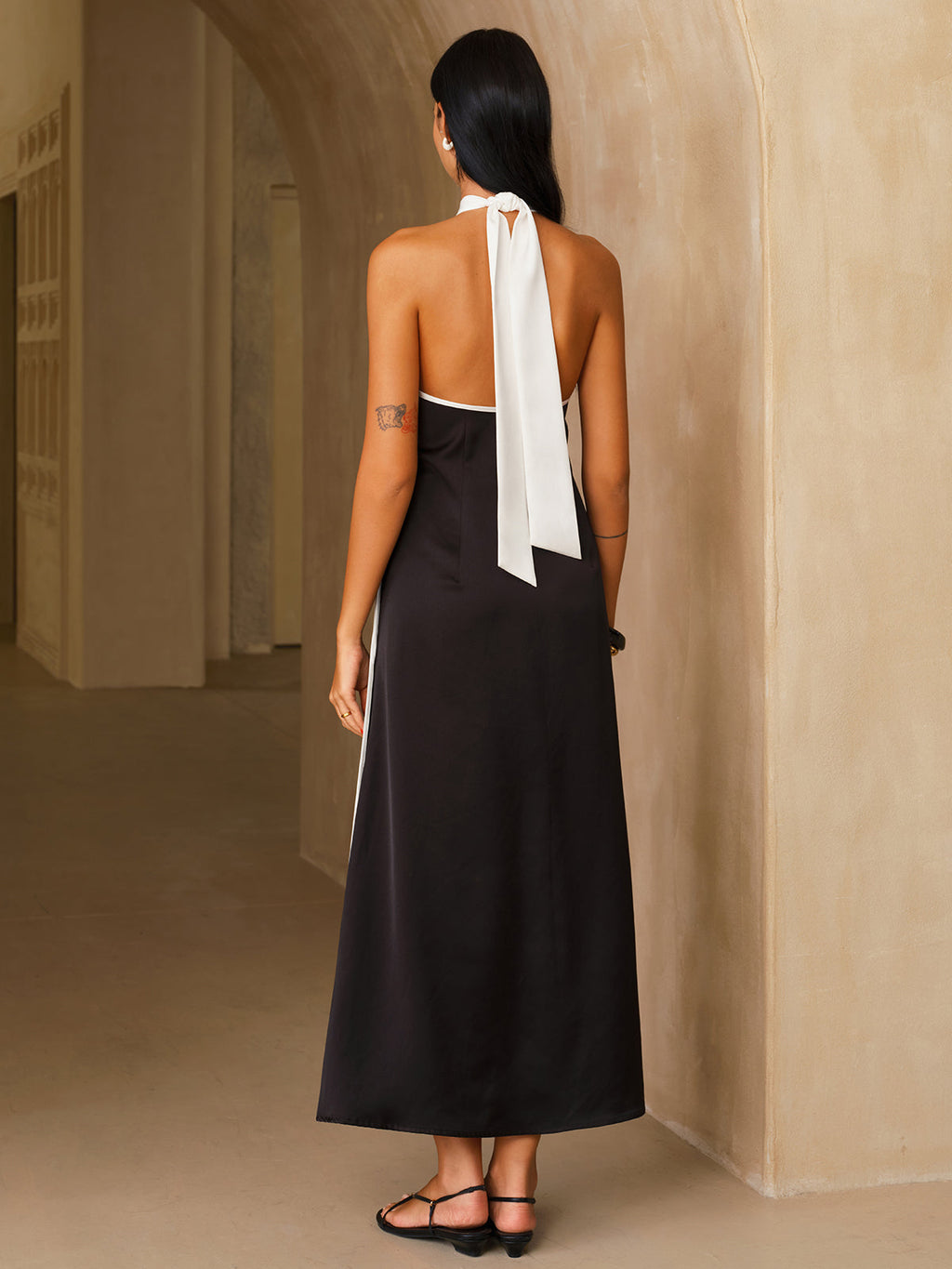 Satin Contrast Trim Halter Midi Dress with Side Slit Detail