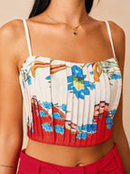 Floral Print Pleated Cami Top & Belted Shorts Set for Summer Beachwear