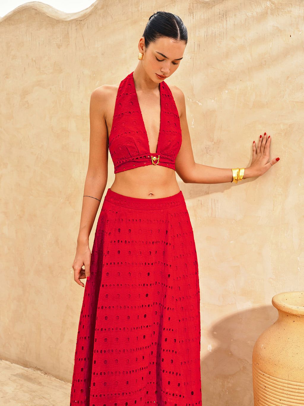 Eyelet Halter Crop Top & Floral Maxi Skirt Set for Women
