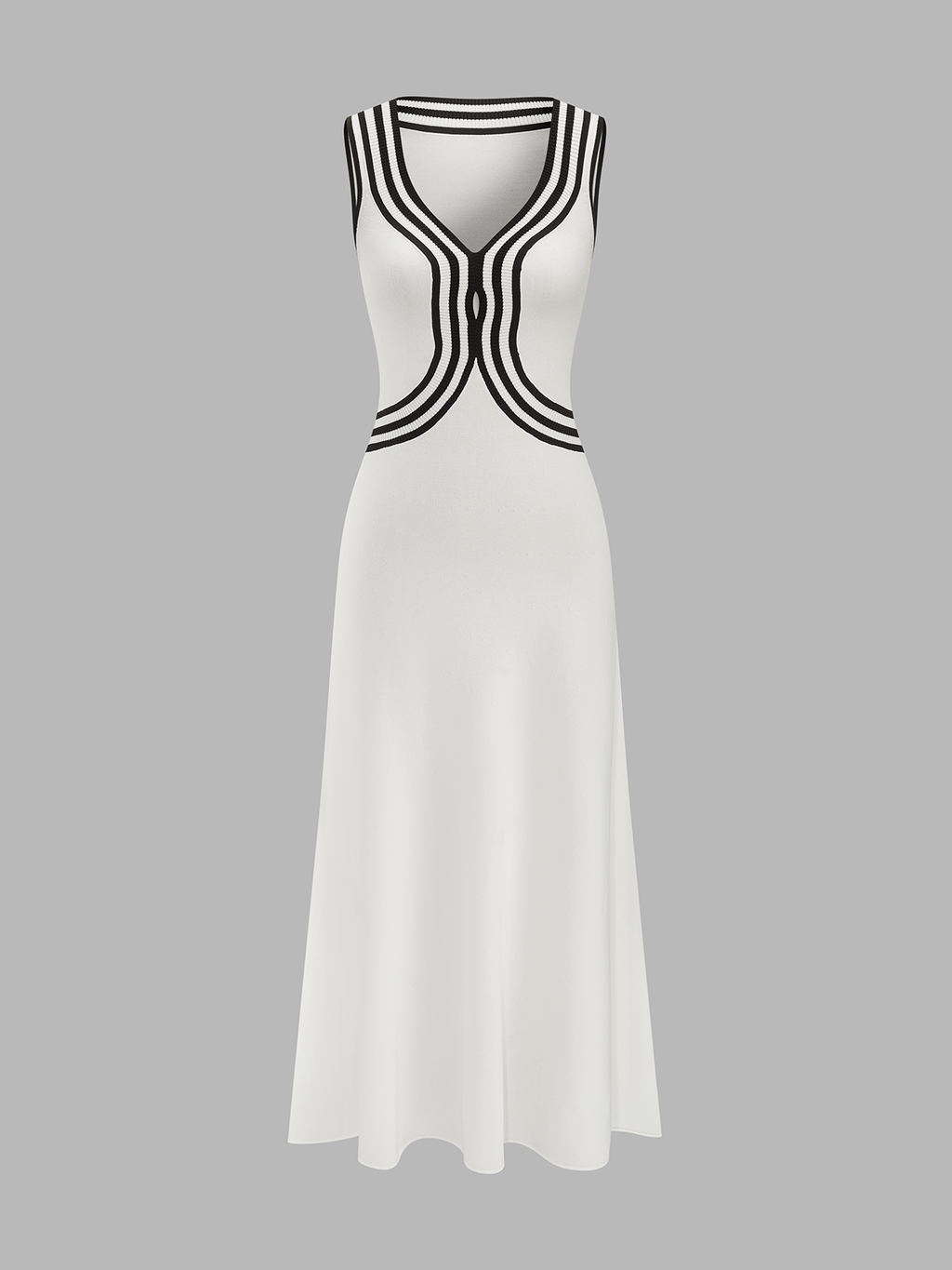 Striped Sleeveless V Neck Knit Maxi Dress with Side Slit Detail