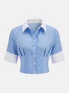 Striped Cropped Half Sleeve Button Shirt for Women Casual Wear