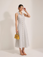 Striped Cotton Buttoned Maxi Dress with Side Pockets and Belt