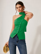 Cotton & Linen Halter Top With Decor Pockets, Summer Breathable Fabric