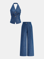 Faux Denim Halter Ruched Top & Pants Set for Women in Stylish Outfits