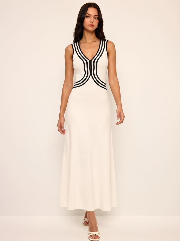 Striped Sleeveless V Neck Knit Maxi Dress with Side Slit Detail