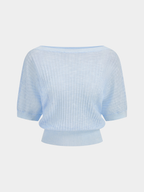 Semi-Sheer Boat Neck Ribbed Knit Long Sleeve Top for Women