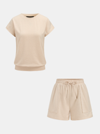 Casual Short Sleeve Top & Drawstring Shorts Set for Women Summer Comfort